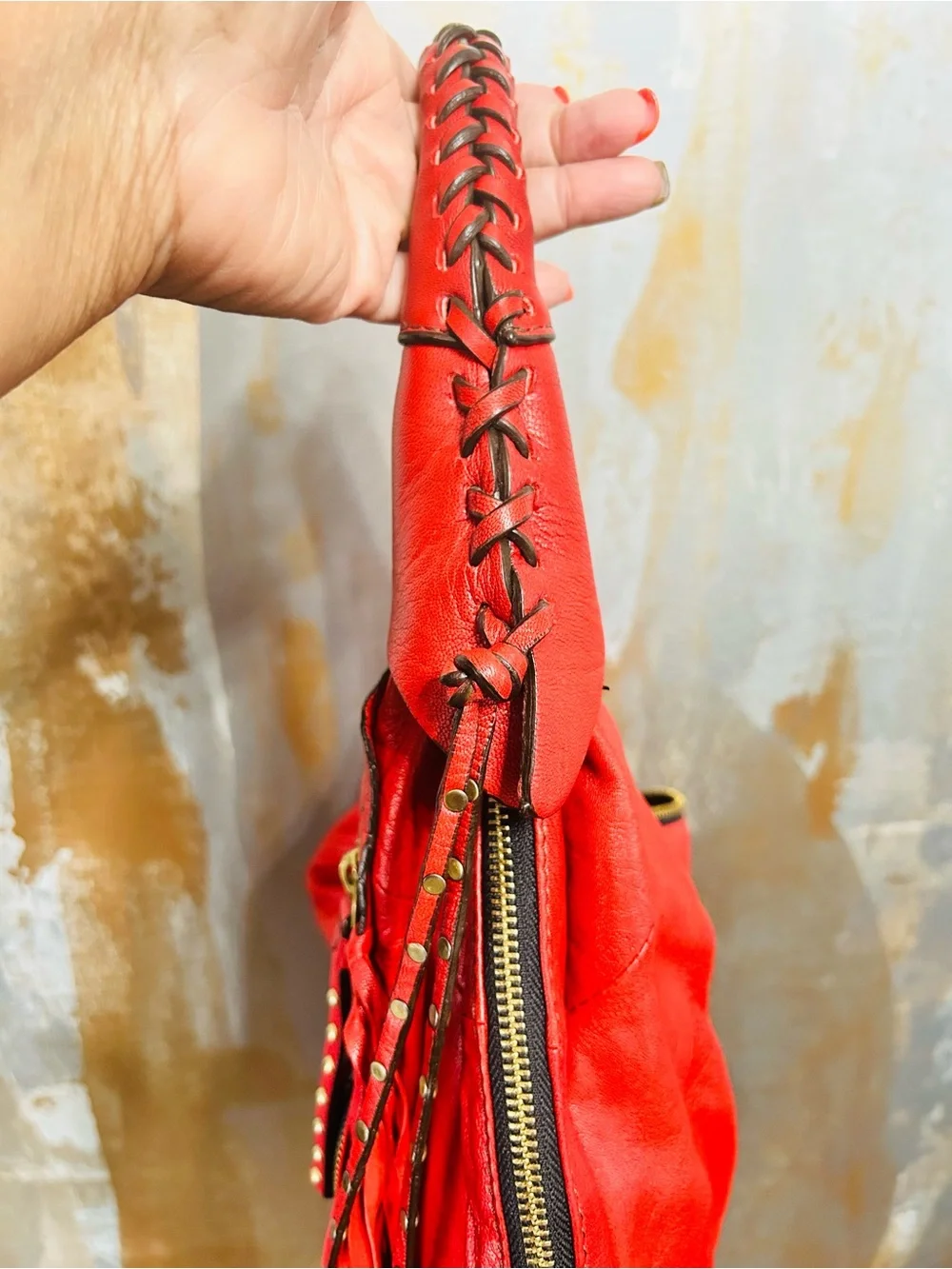 Oryany Red Fringe Leather Hobo Bag